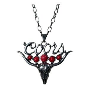 Coors Western Necklace Bull Skull Pendant Red Stone Accent Beer Jewelry 24"‎